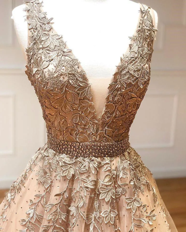 A Line V Neck Champagne Lace Prom Dresses V Neck Champagne Lace Formal Graduation Evening Dresses