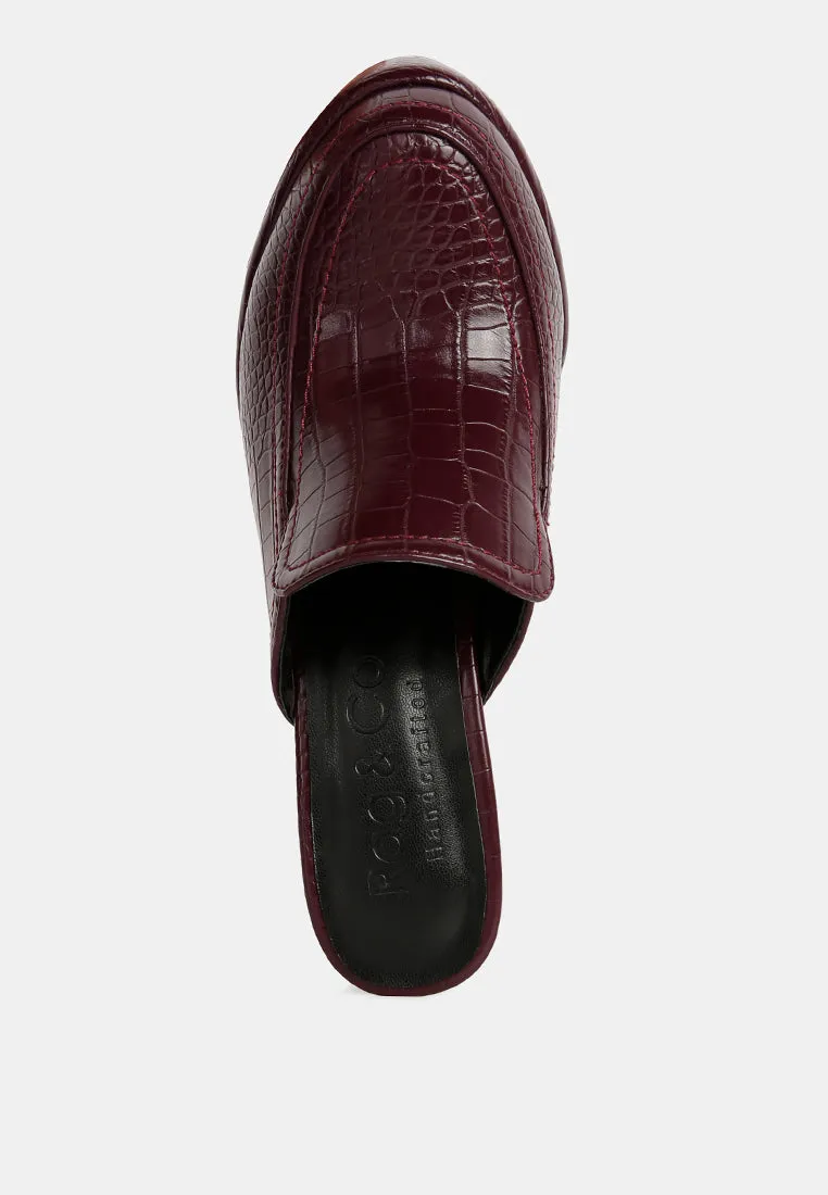 BAUHAUS Burgundy Croc Pattern Heeled Platform Mules