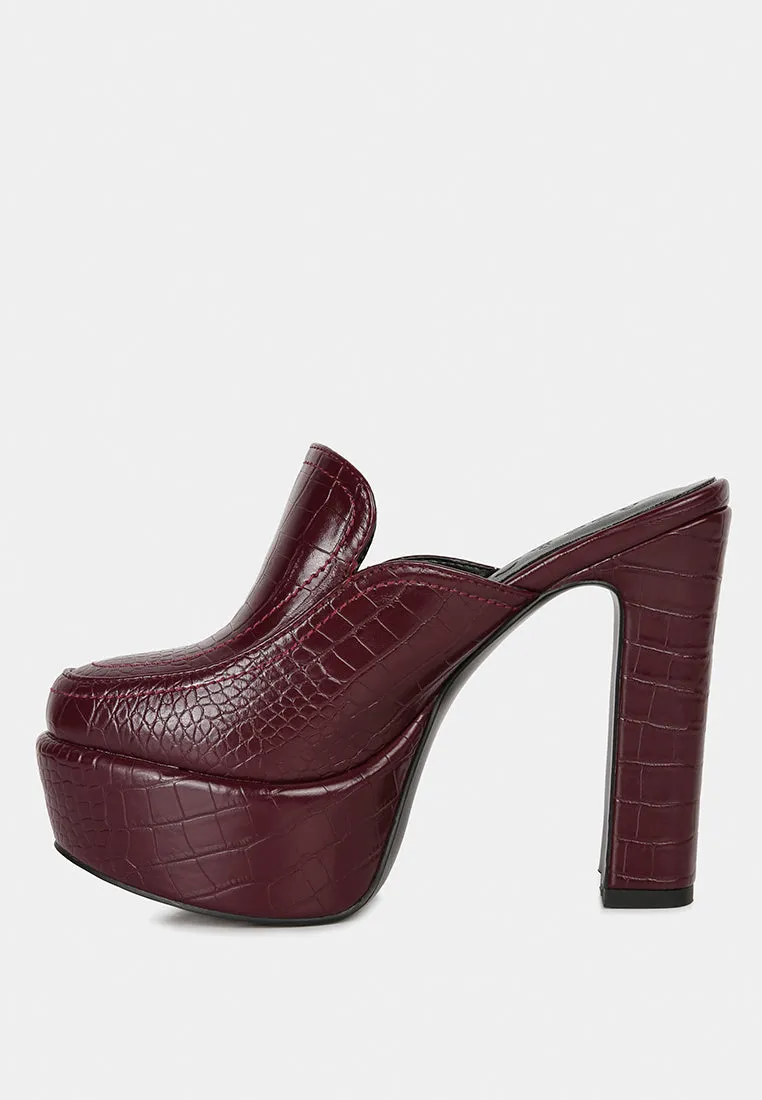 BAUHAUS Burgundy Croc Pattern Heeled Platform Mules