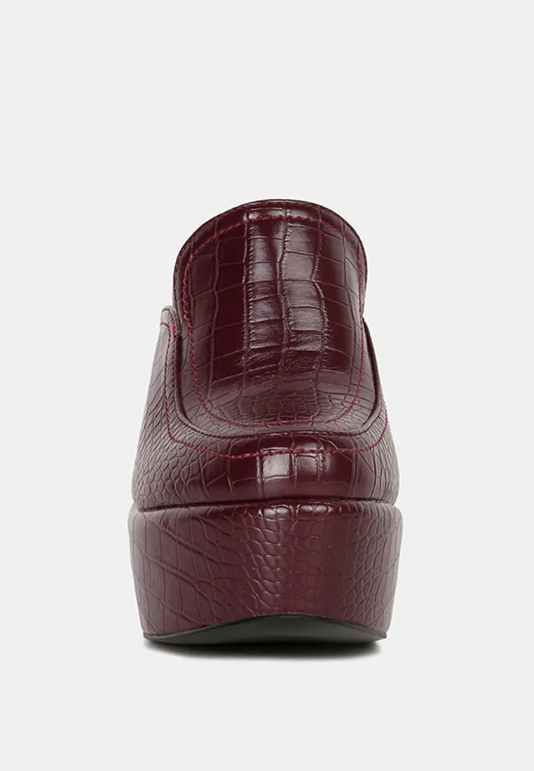 BAUHAUS Burgundy Croc Pattern Heeled Platform Mules