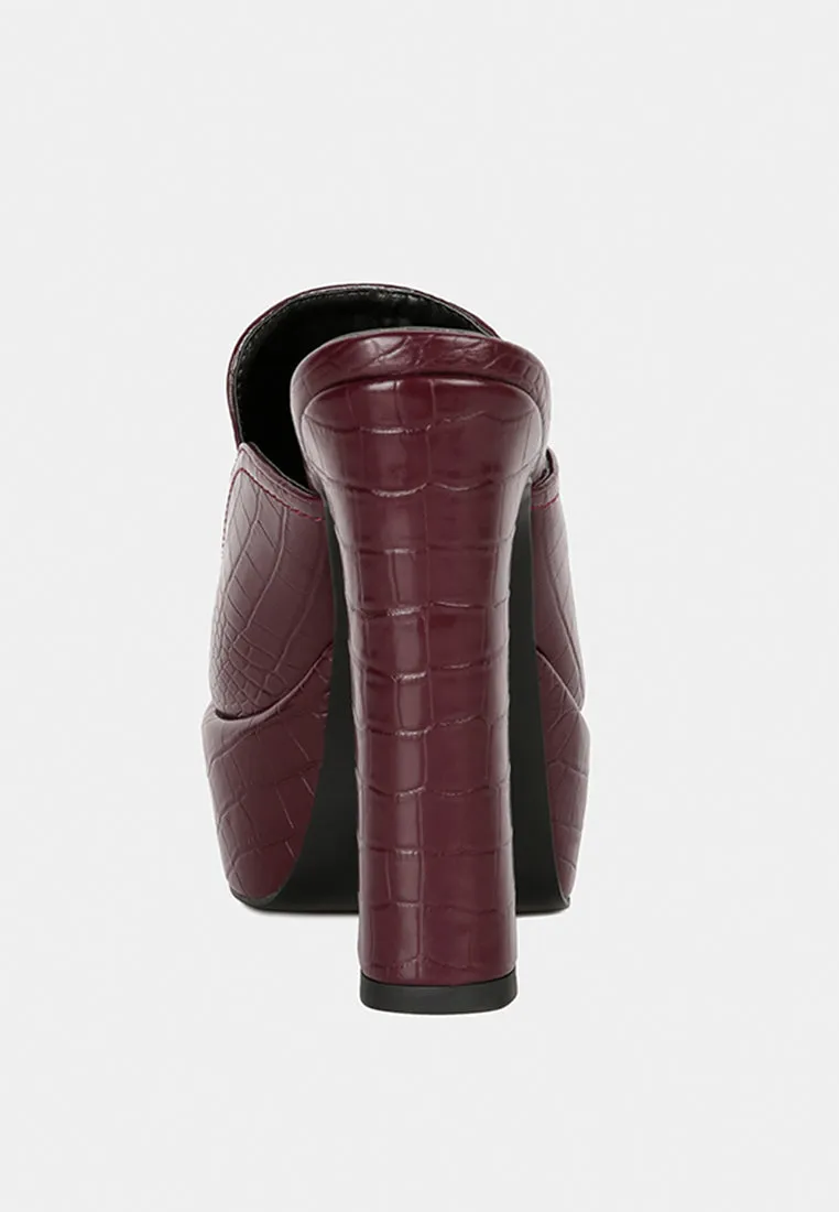 BAUHAUS Burgundy Croc Pattern Heeled Platform Mules