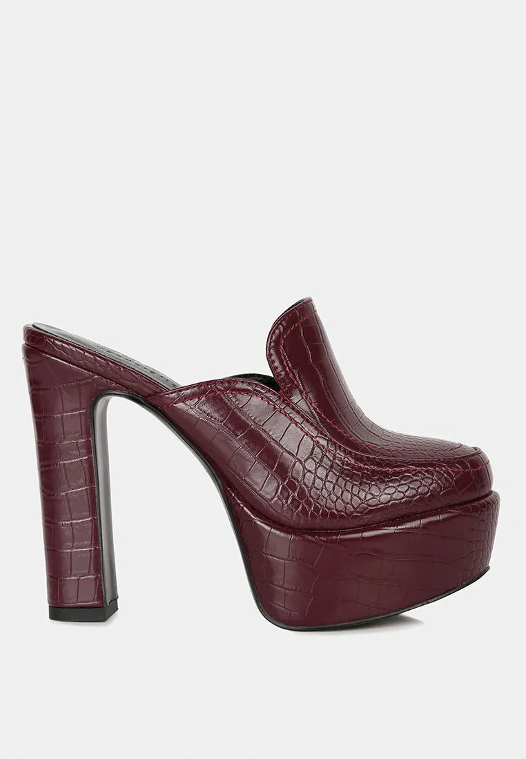BAUHAUS Burgundy Croc Pattern Heeled Platform Mules