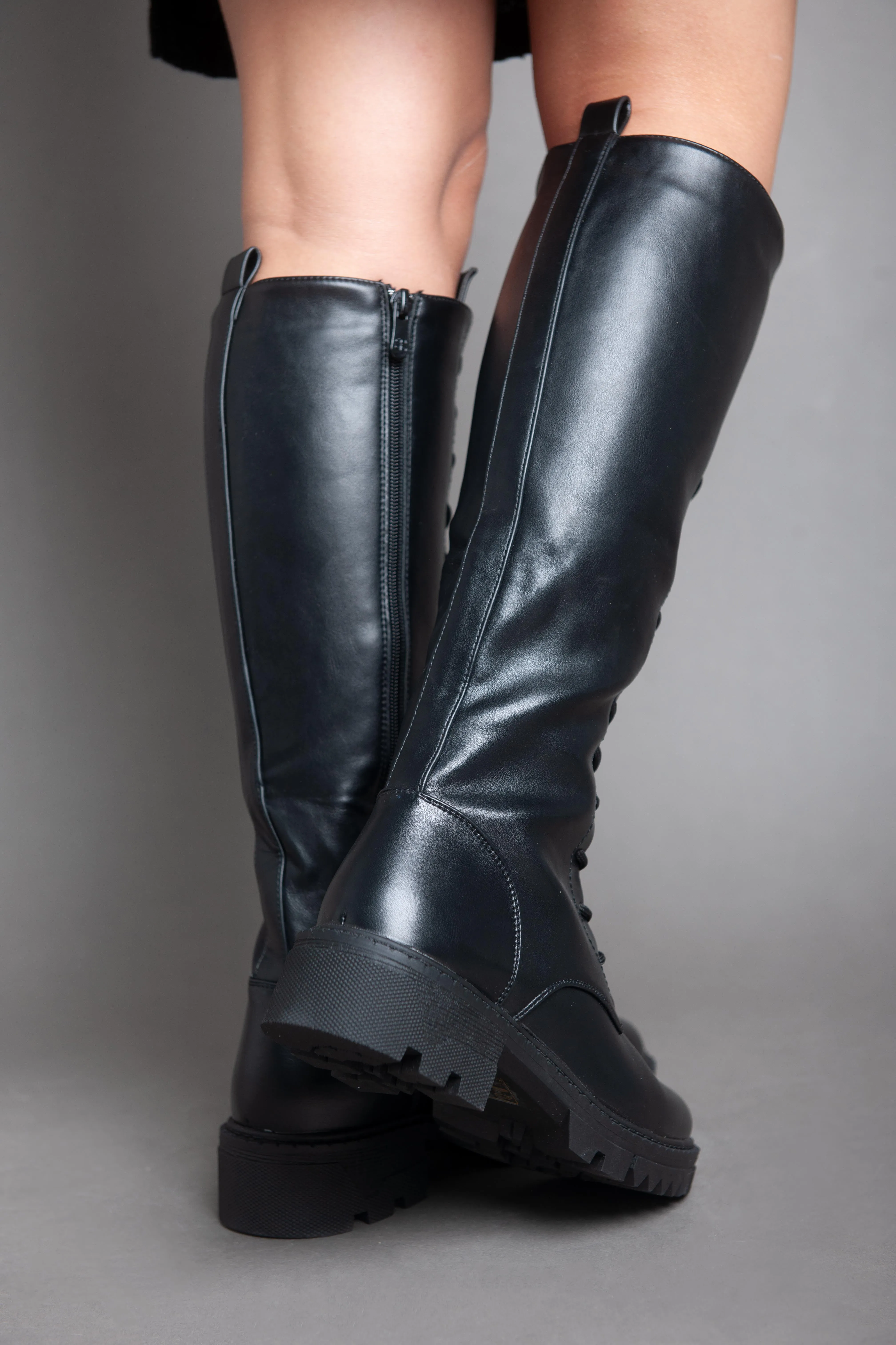 Chunky Biker Lace High Boot - Black