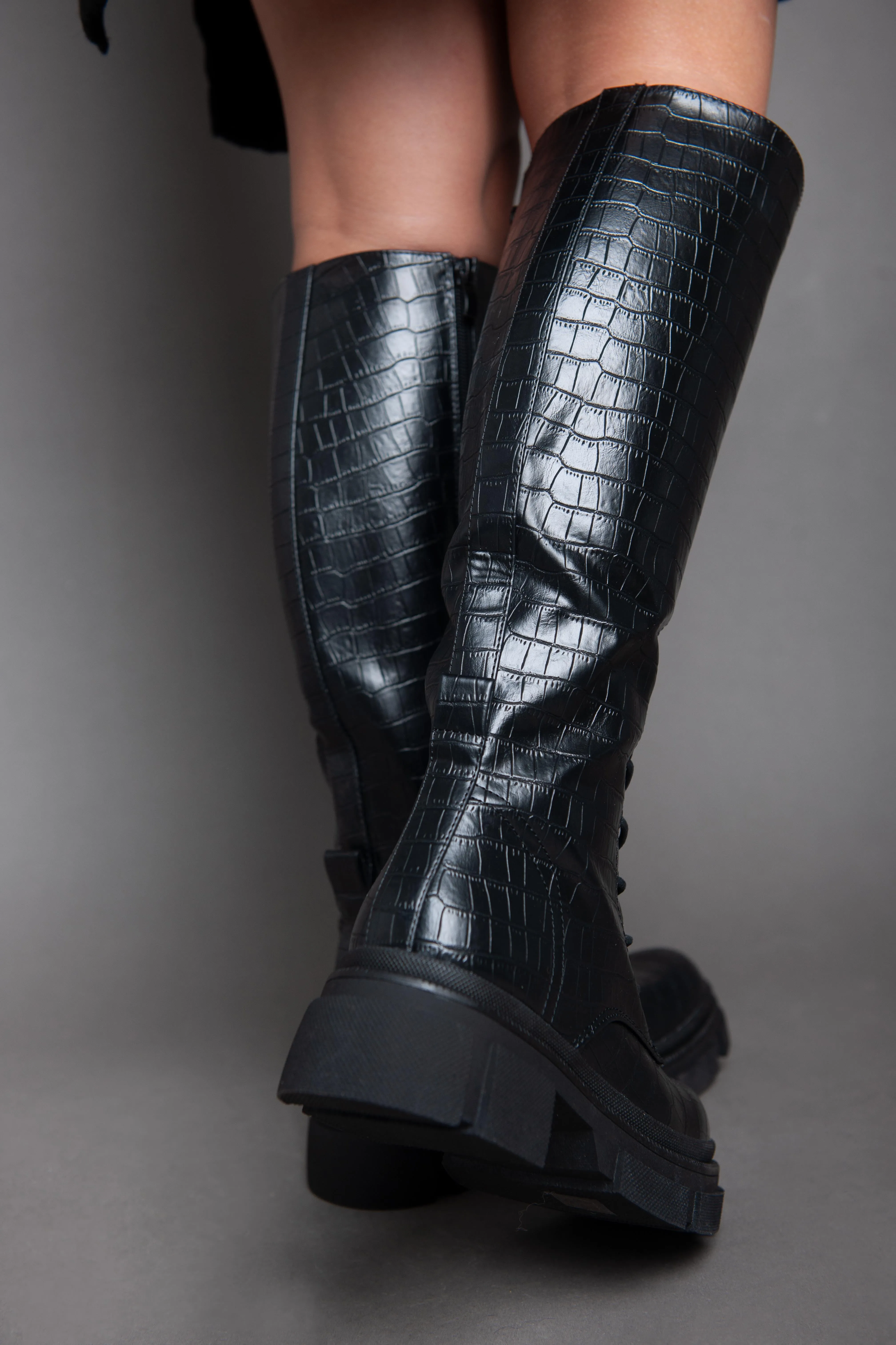 Croc Leather High Boot - Black