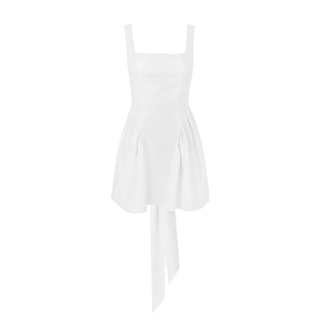 Cute Square Neck Bow Tie Backless Gathered Drop Waist Mini Sundress