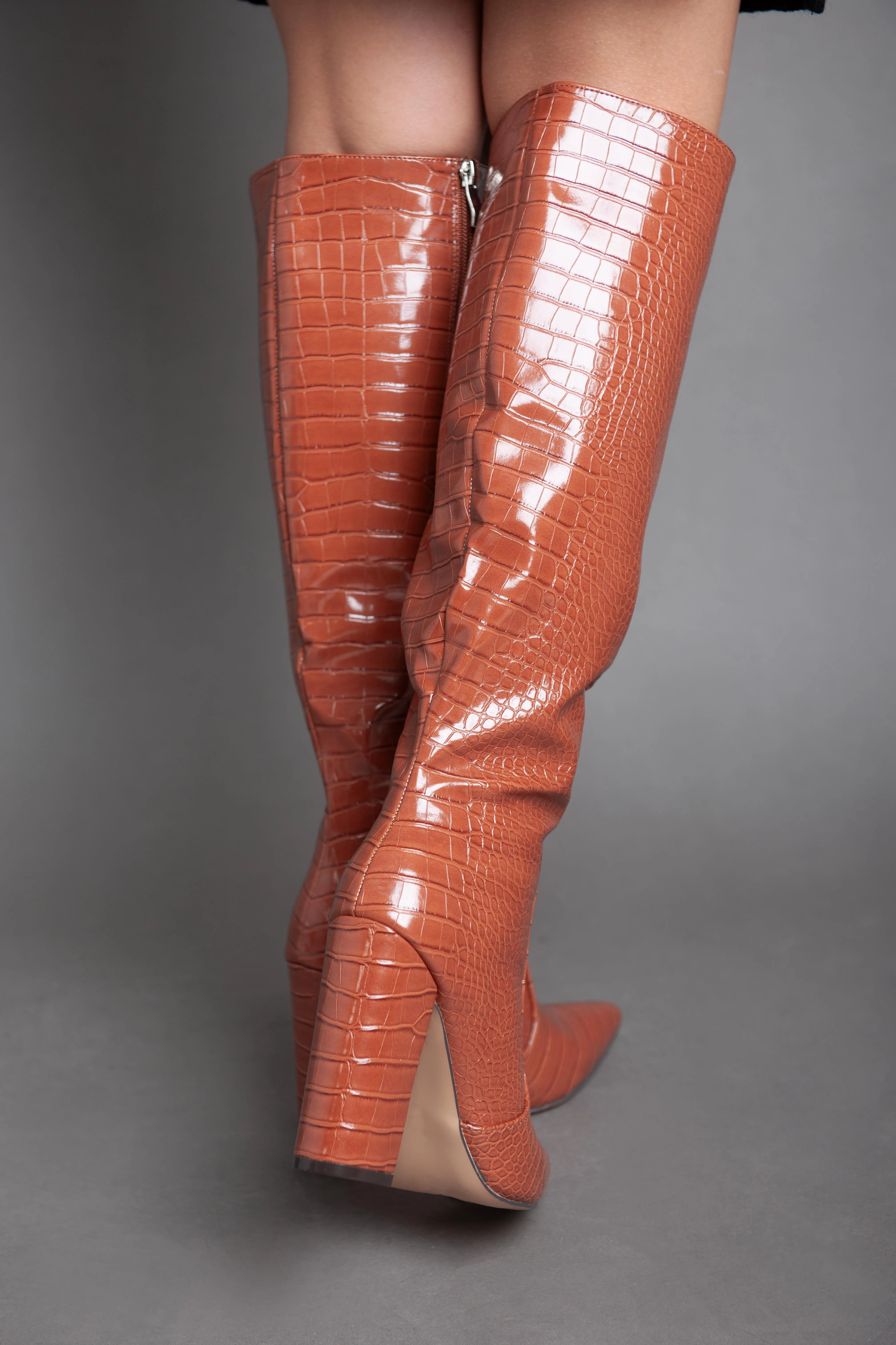 Flare Heel Croc Leather Knee Boot - Camel