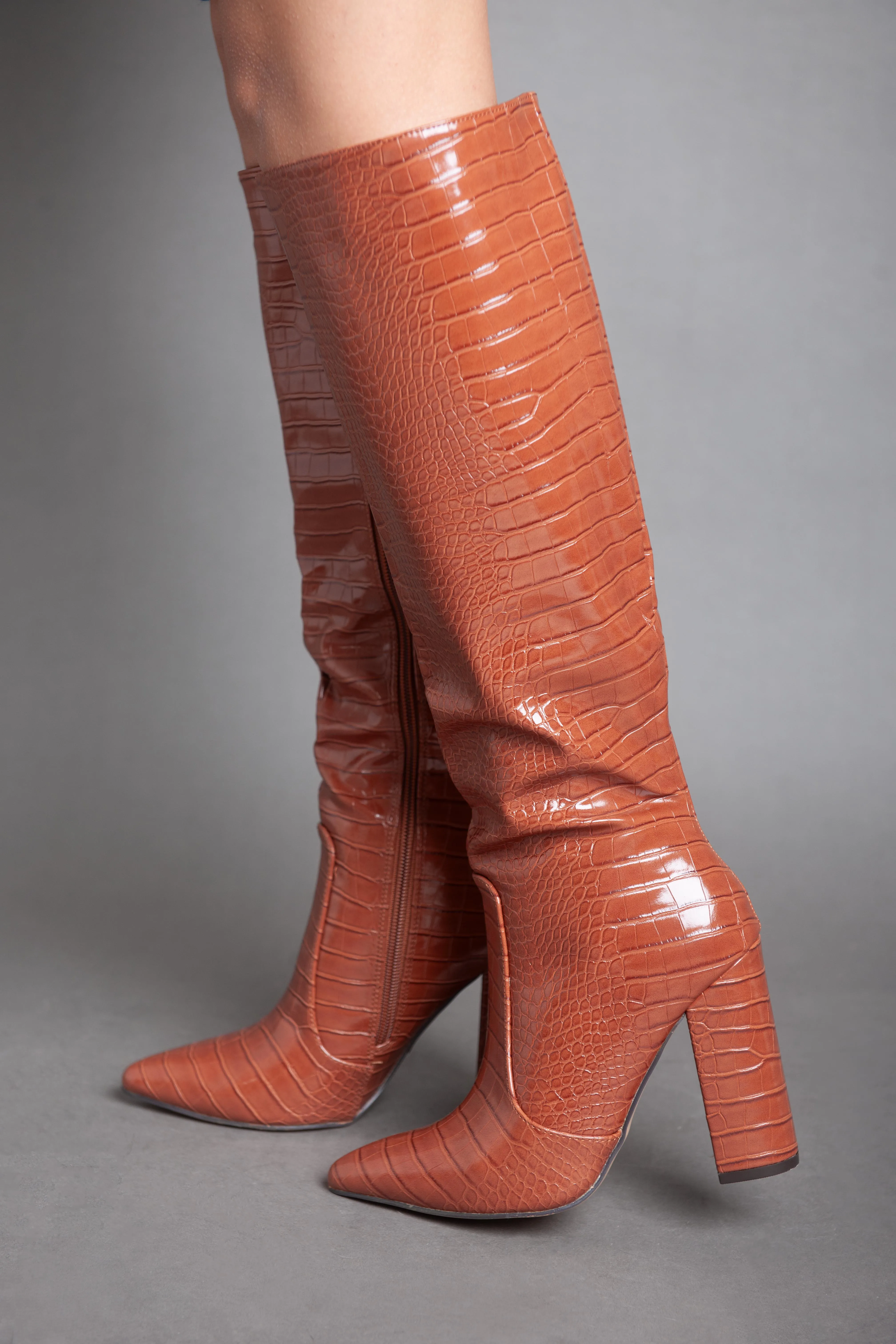 Flare Heel Croc Leather Knee Boot - Camel