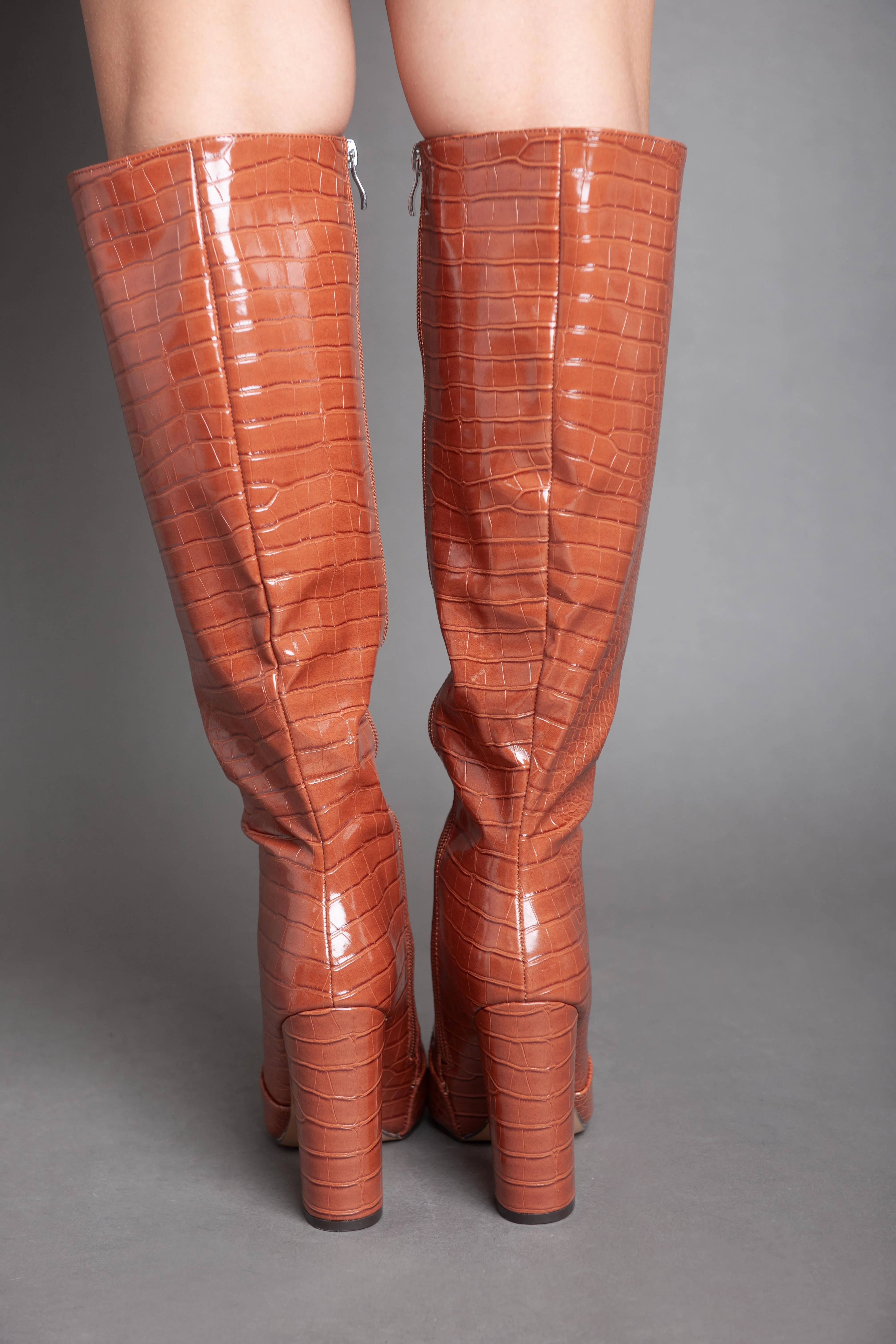 Flare Heel Croc Leather Knee Boot - Camel