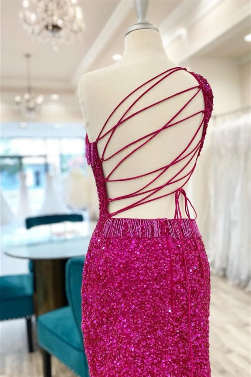 Fuchsia One Shoulder Homecoming Dress, Lace-Up Sequins Homecoming Dresses with Tassels
