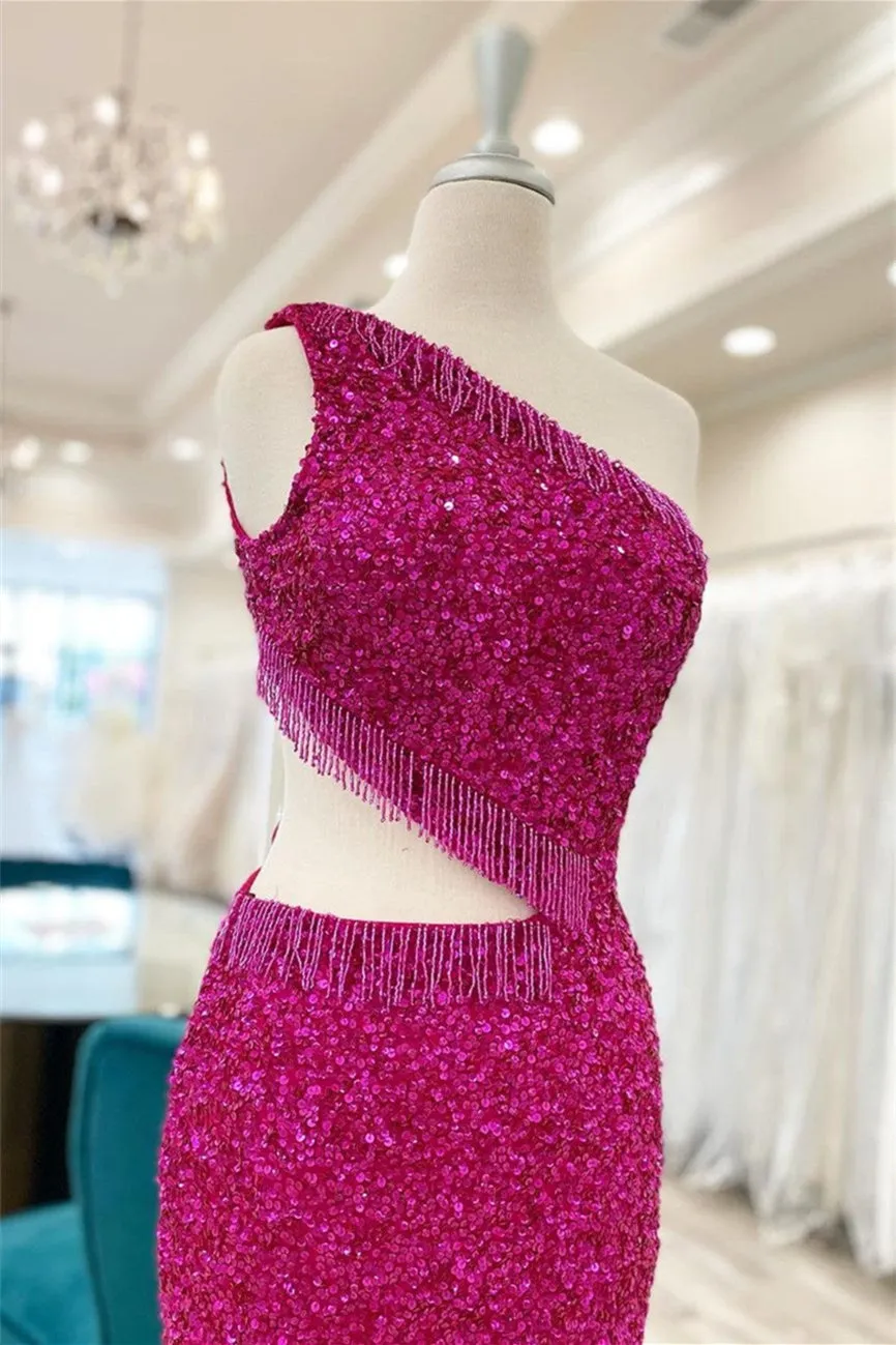 Fuchsia One Shoulder Homecoming Dress, Lace-Up Sequins Homecoming Dresses with Tassels