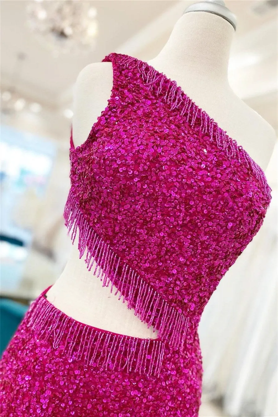 Fuchsia One Shoulder Homecoming Dress, Lace-Up Sequins Homecoming Dresses with Tassels