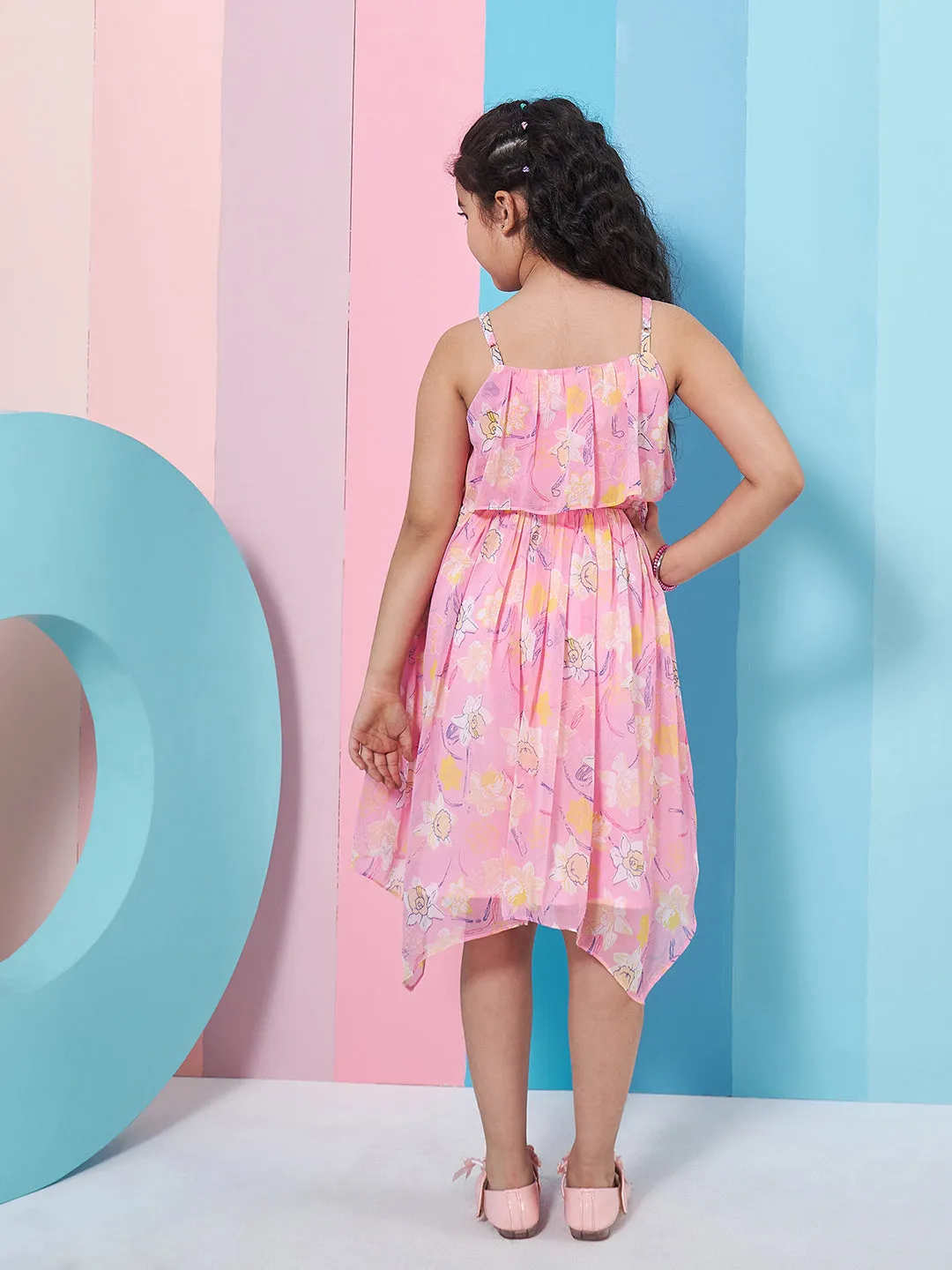 Girls Shoulder Straps Sleeveless Floral Print Empire Dress