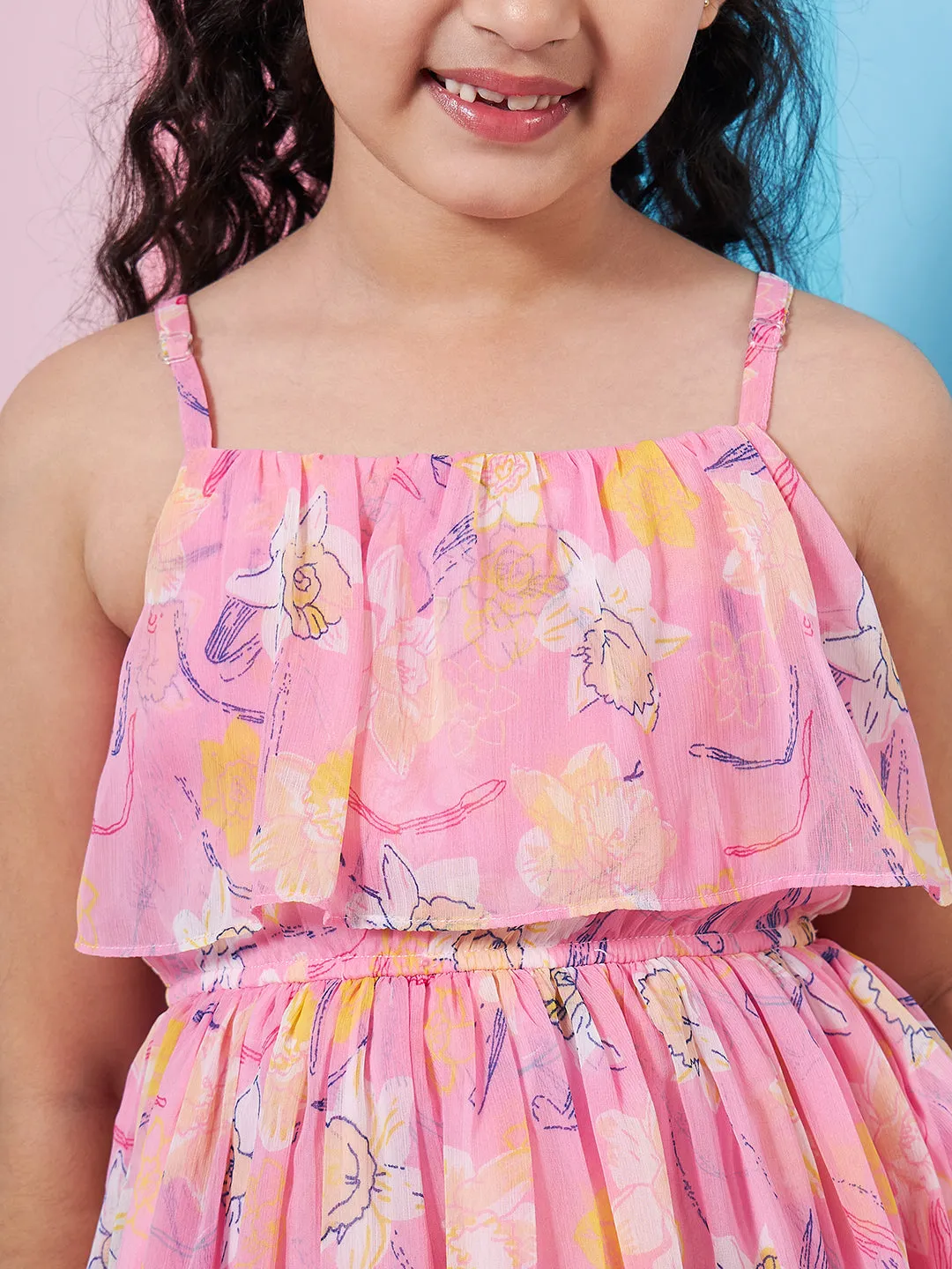 Girls Shoulder Straps Sleeveless Floral Print Empire Dress