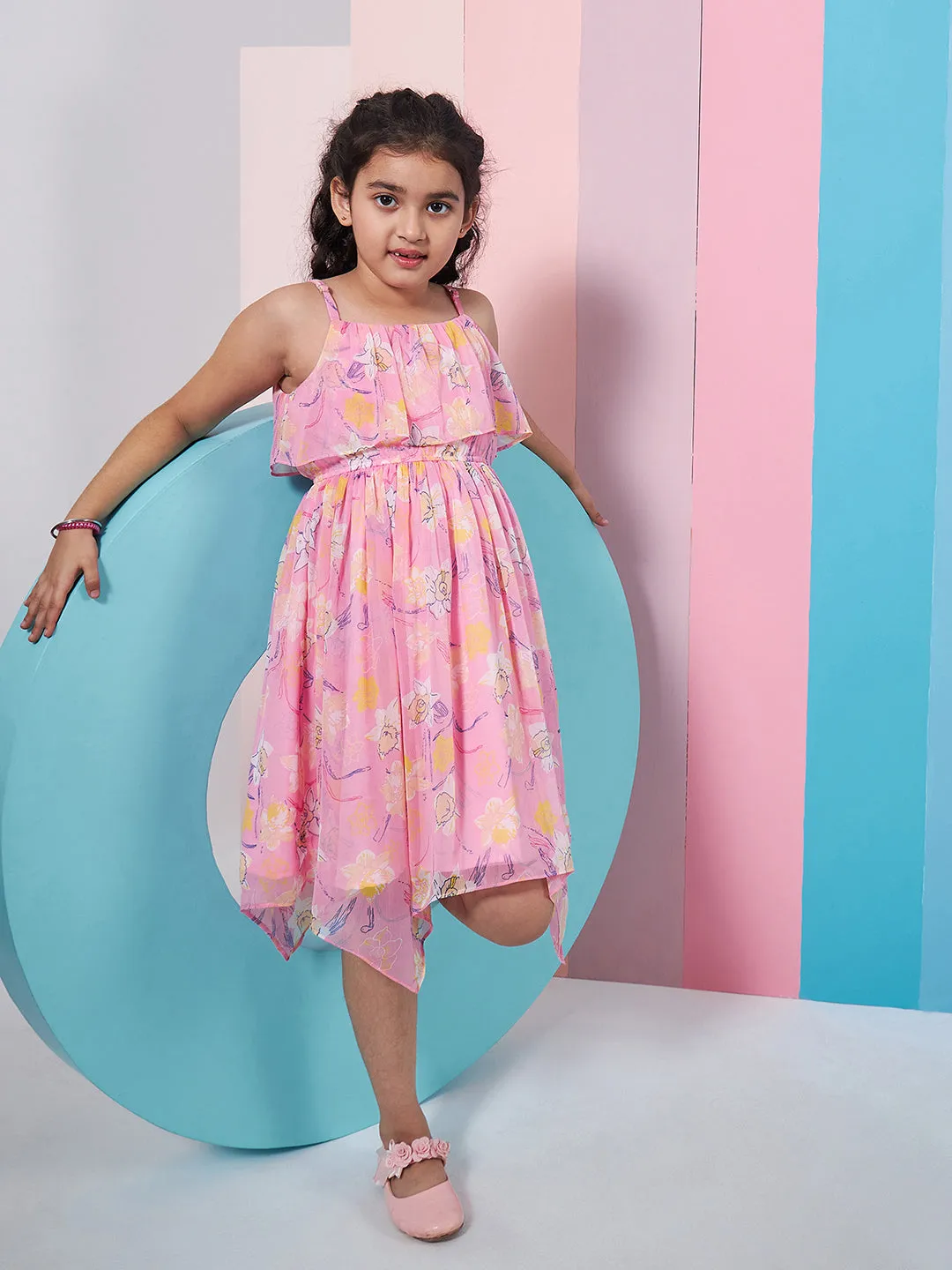 Girls Shoulder Straps Sleeveless Floral Print Empire Dress