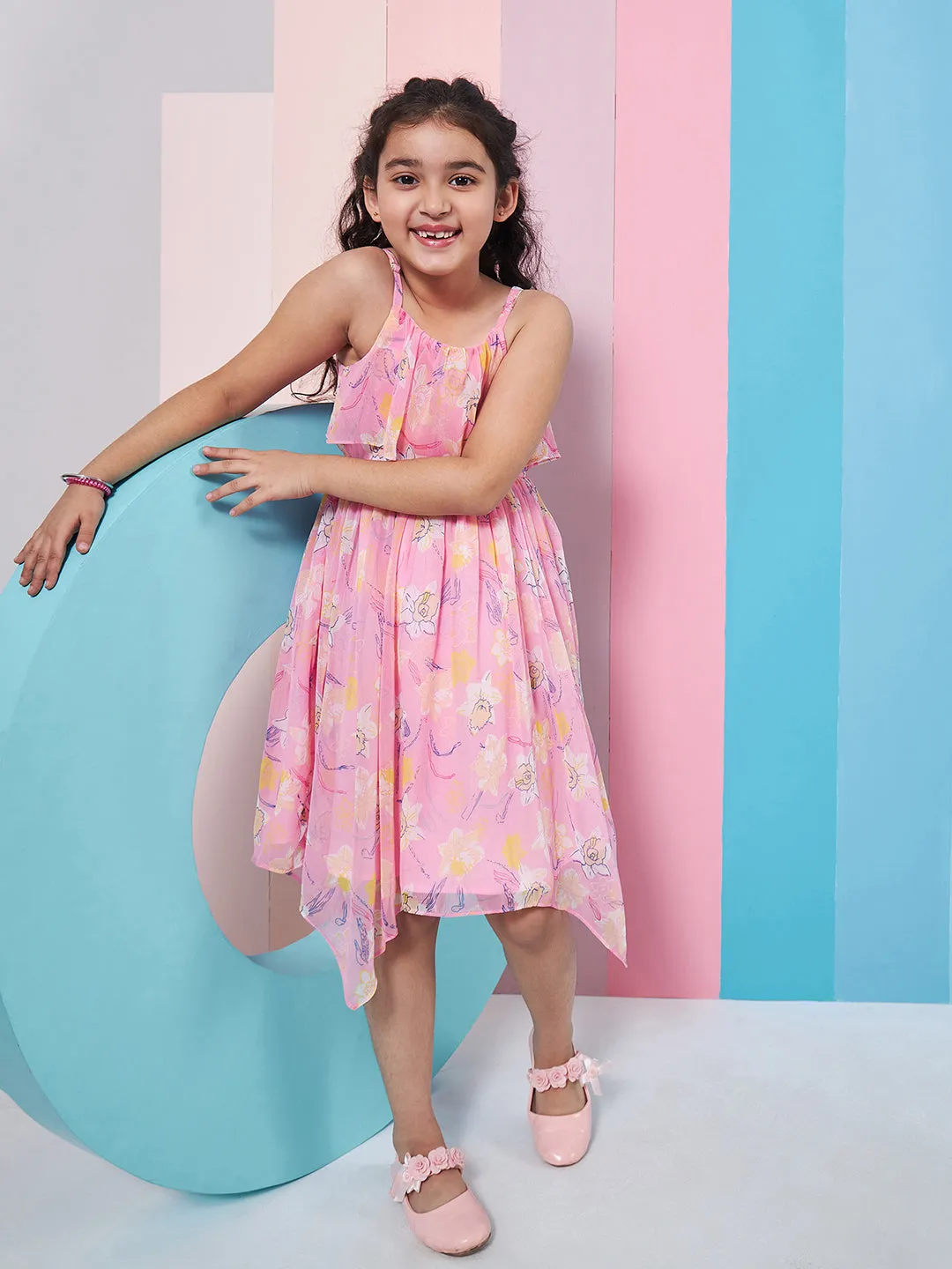 Girls Shoulder Straps Sleeveless Floral Print Empire Dress