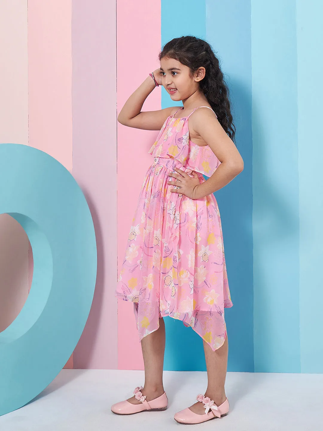 Girls Shoulder Straps Sleeveless Floral Print Empire Dress