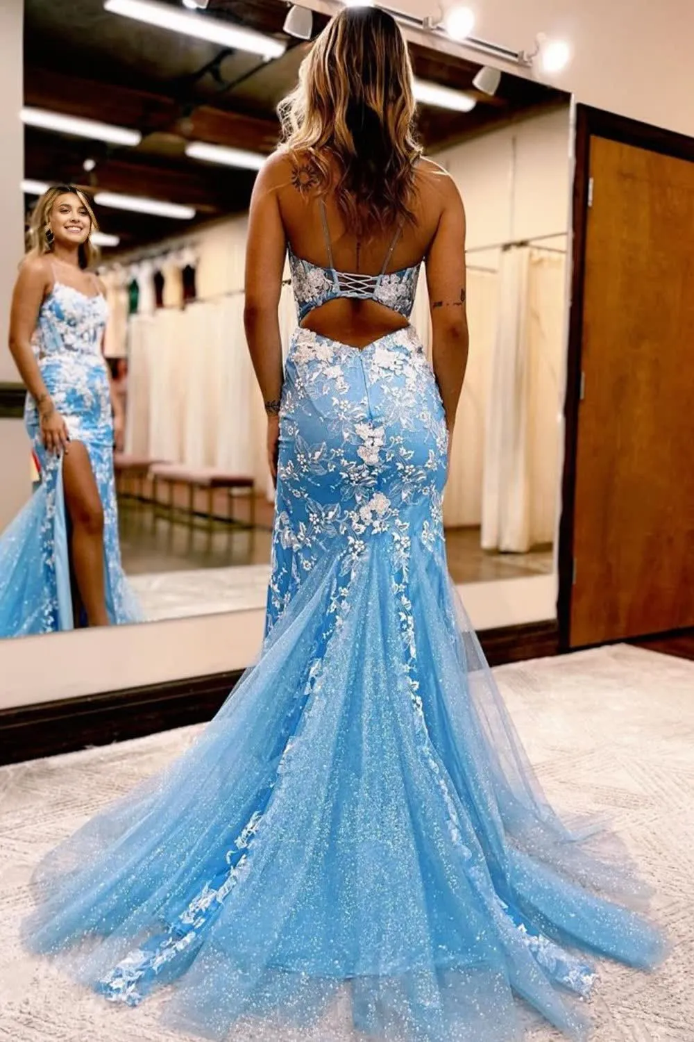 kamahe Blue Open Back Mermaid Lace Prom Dress with Slit Formal Evening Dresses