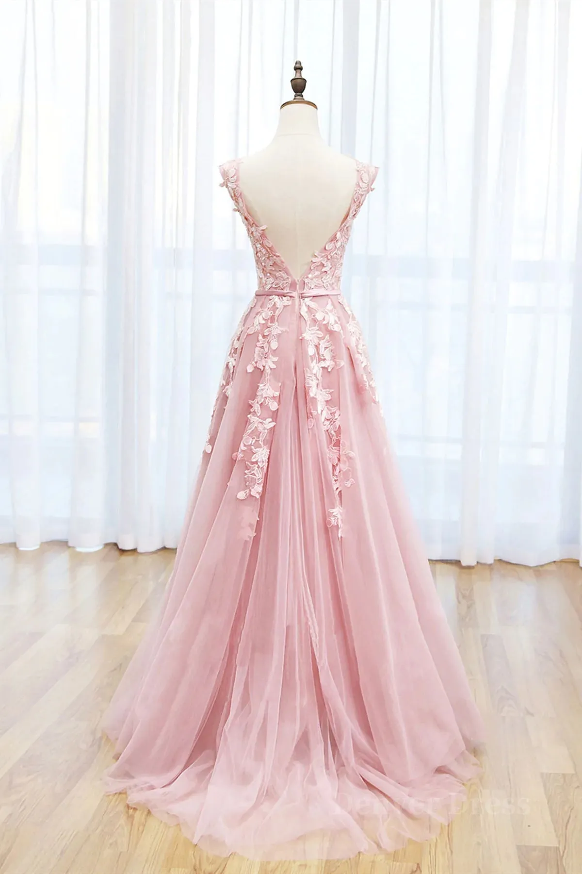 kamahe Round Neck Pink Lace Prom Dresses, Pink Lace Long Formal Evening Dresses