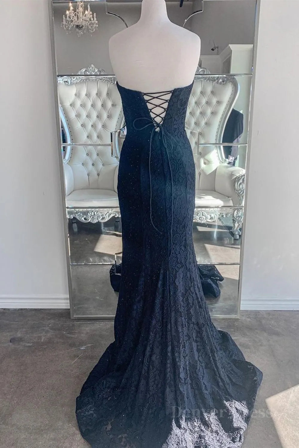 kamahe Strapless Mermaid Dark Blue Lace Long Prom Dresses, Mermaid Dark Blue Lace Formal Dresses, Dark Blue Lace Evening Dresses