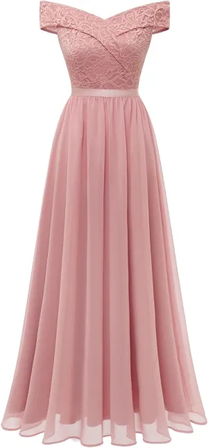 kamahe Women's Lace Bridesmaid Dress A-Line Off Shoulder Floral Lace Chiffon Prom Dresses