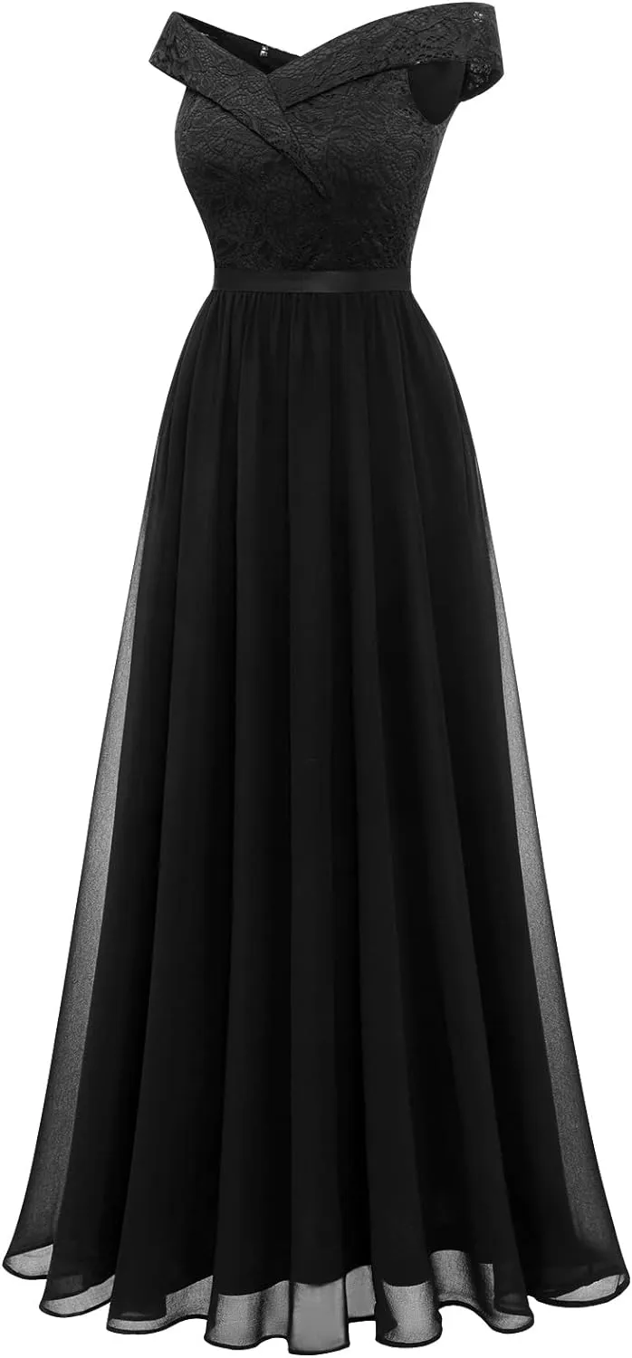 kamahe Women's Lace Bridesmaid Dress A-Line Off Shoulder Floral Lace Chiffon Prom Dresses