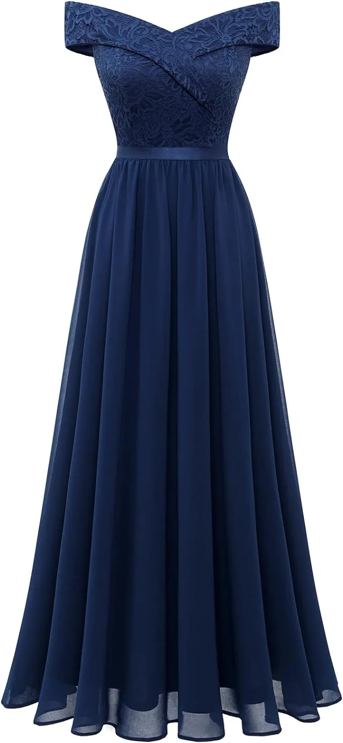 kamahe Women's Lace Bridesmaid Dress A-Line Off Shoulder Floral Lace Chiffon Prom Dresses