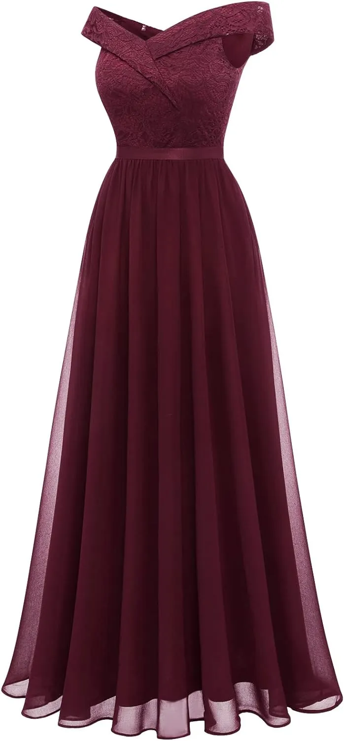 kamahe Women's Lace Bridesmaid Dress A-Line Off Shoulder Floral Lace Chiffon Prom Dresses