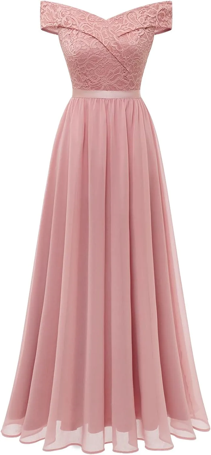 kamahe Women's Lace Bridesmaid Dress A-Line Off Shoulder Floral Lace Chiffon Prom Dresses