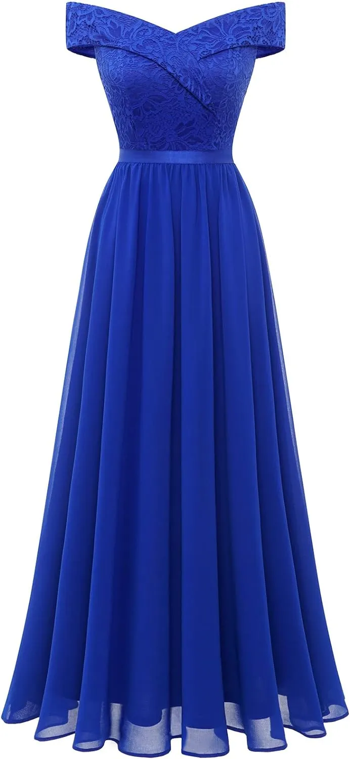 kamahe Women's Lace Bridesmaid Dress A-Line Off Shoulder Floral Lace Chiffon Prom Dresses