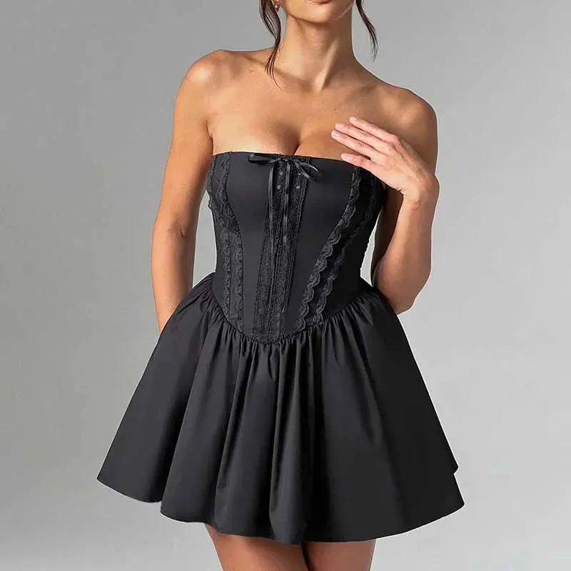 Lace Bow Mini Solid Lace Strapless Up Evening Backless Sleeveless Dress