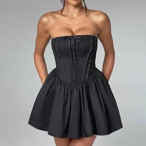 Lace Bow Mini Solid Lace Strapless Up Evening Backless Sleeveless Dress