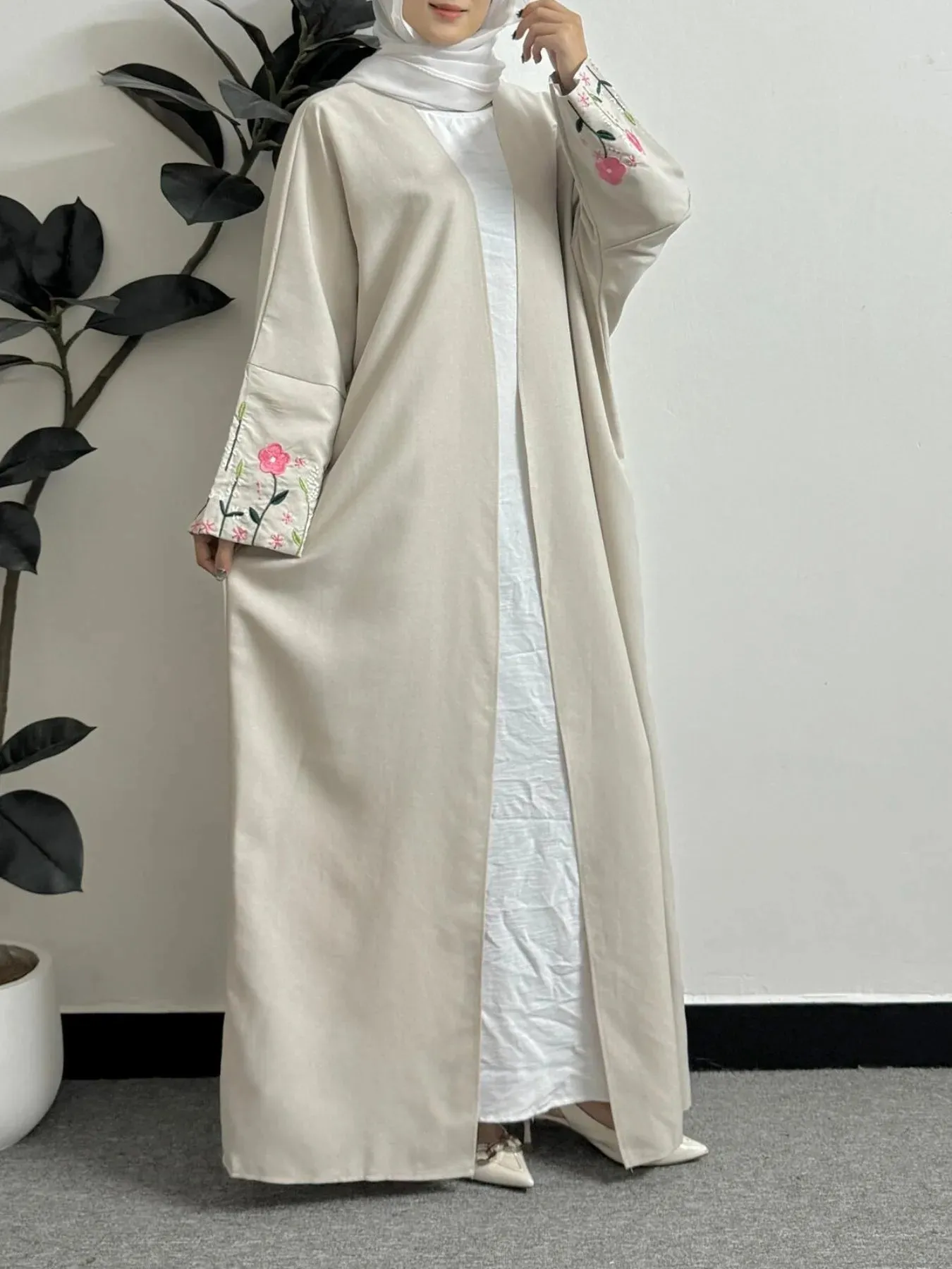 Long Sleeve Embroidery Floral Open Front Abaya