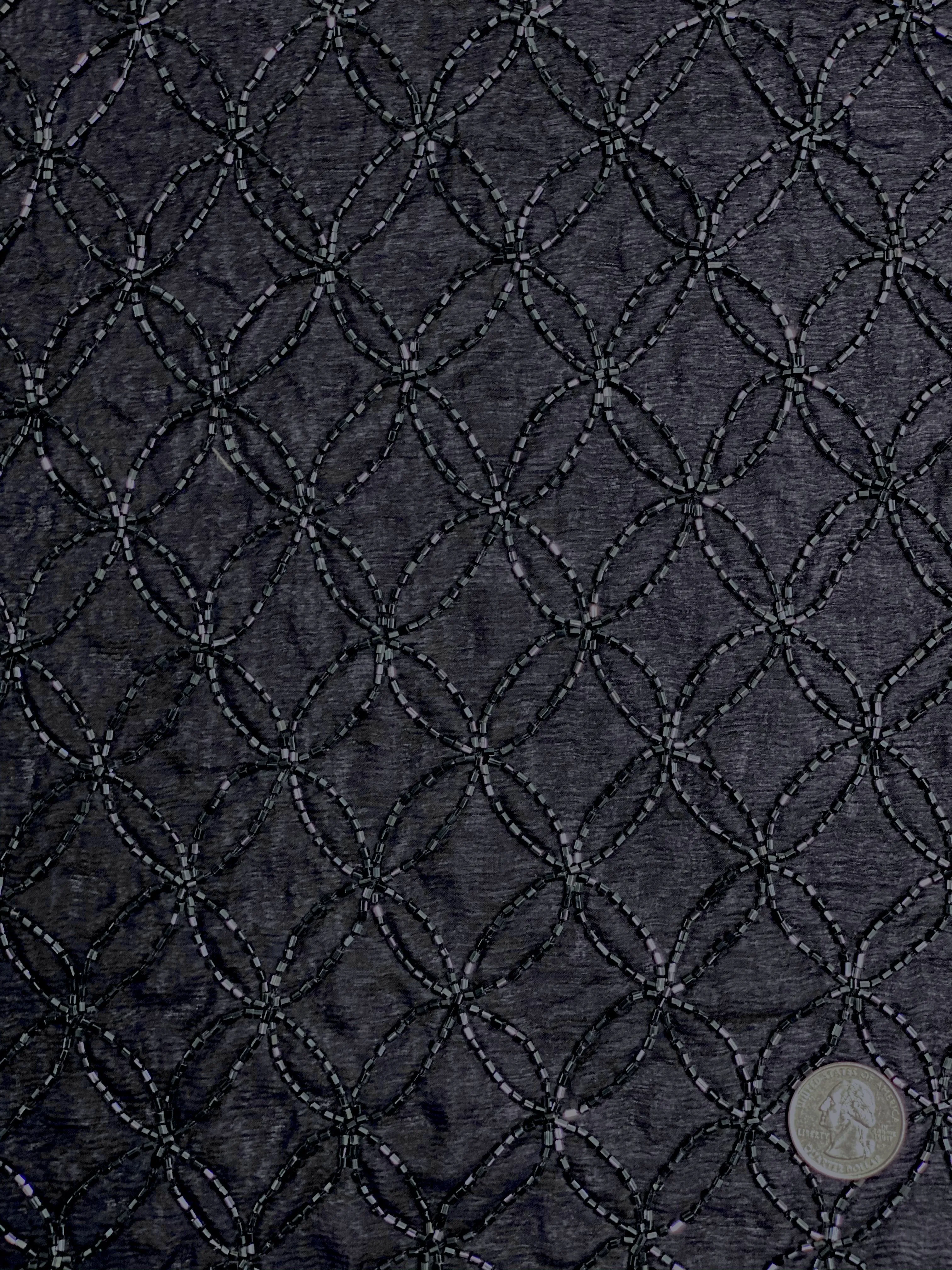 Navy Sequin & Beads On Silk Chiffon JEC-102-7 Fabric