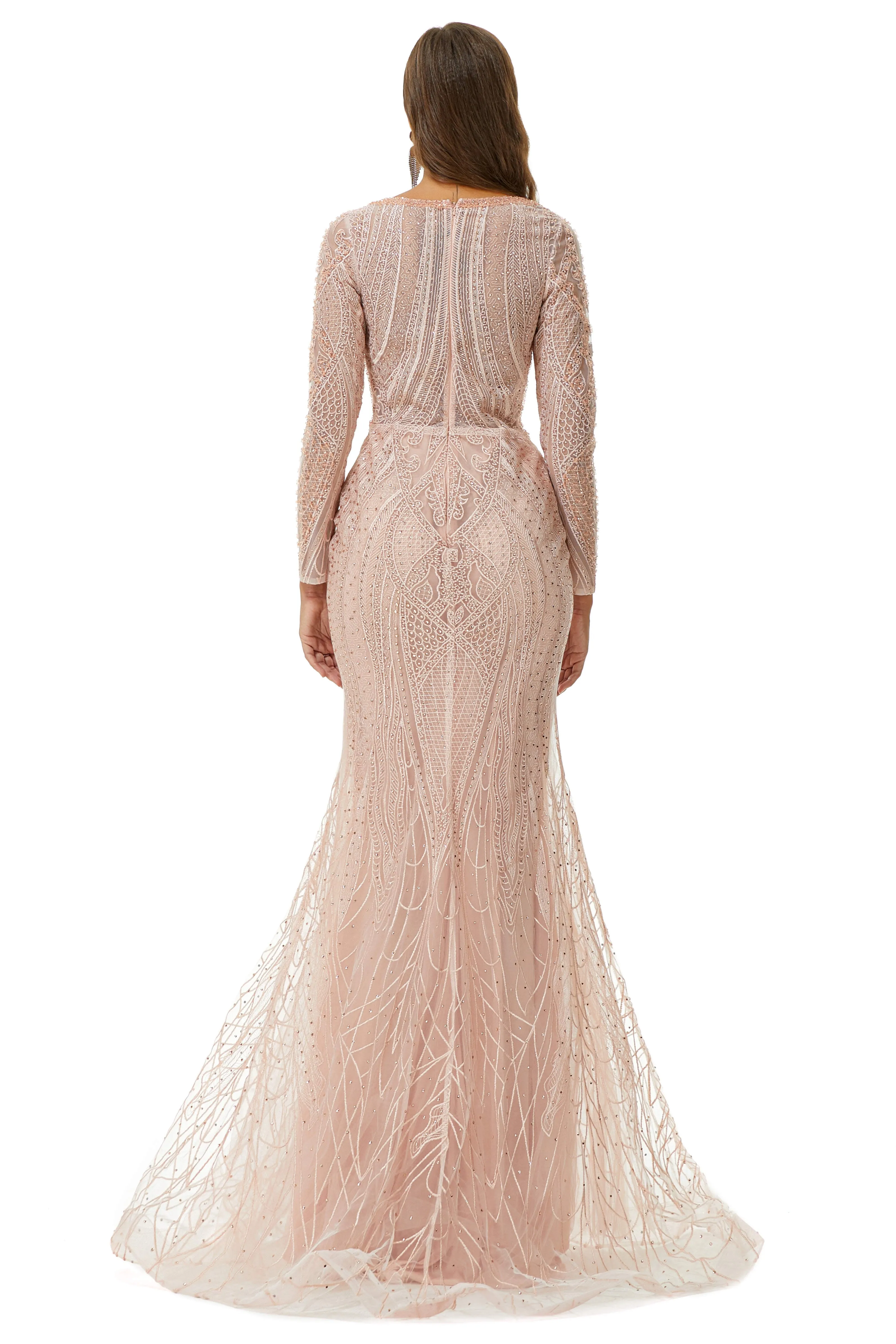 Neckline Long Sleeve Mermaid Lace Pattern Tulle Beading Prom Dresses