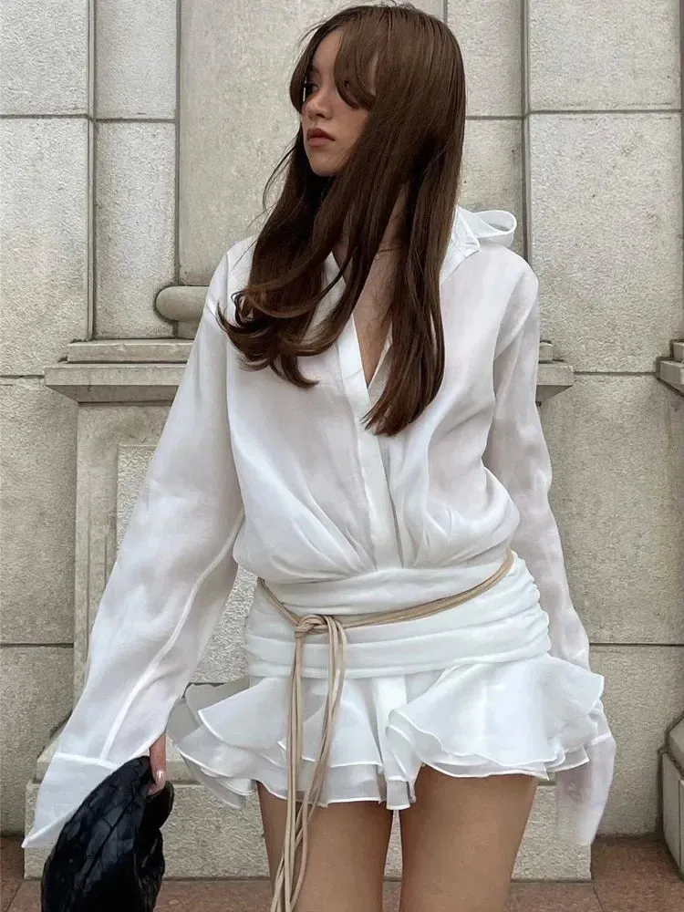 New Oversized See-through Pleated Ruffled Casual Chiffon White Mini Shirt Dress