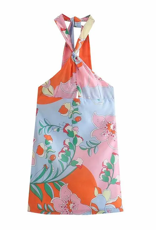 Print Halter Neck Backless Mini Dress