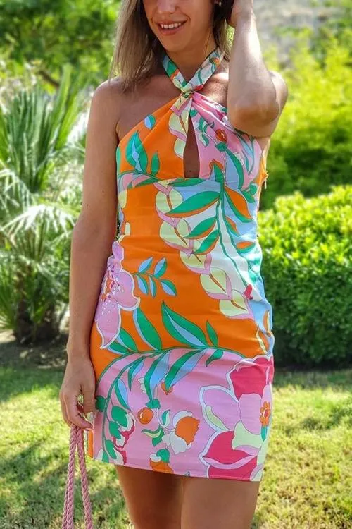 Print Halter Neck Backless Mini Dress