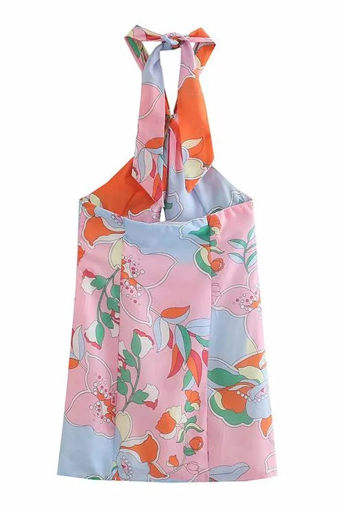 Print Halter Neck Backless Mini Dress