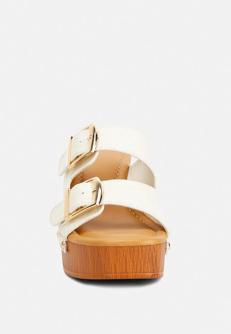 Sarai Buckle Straps High Block Heel Clogs In Beige