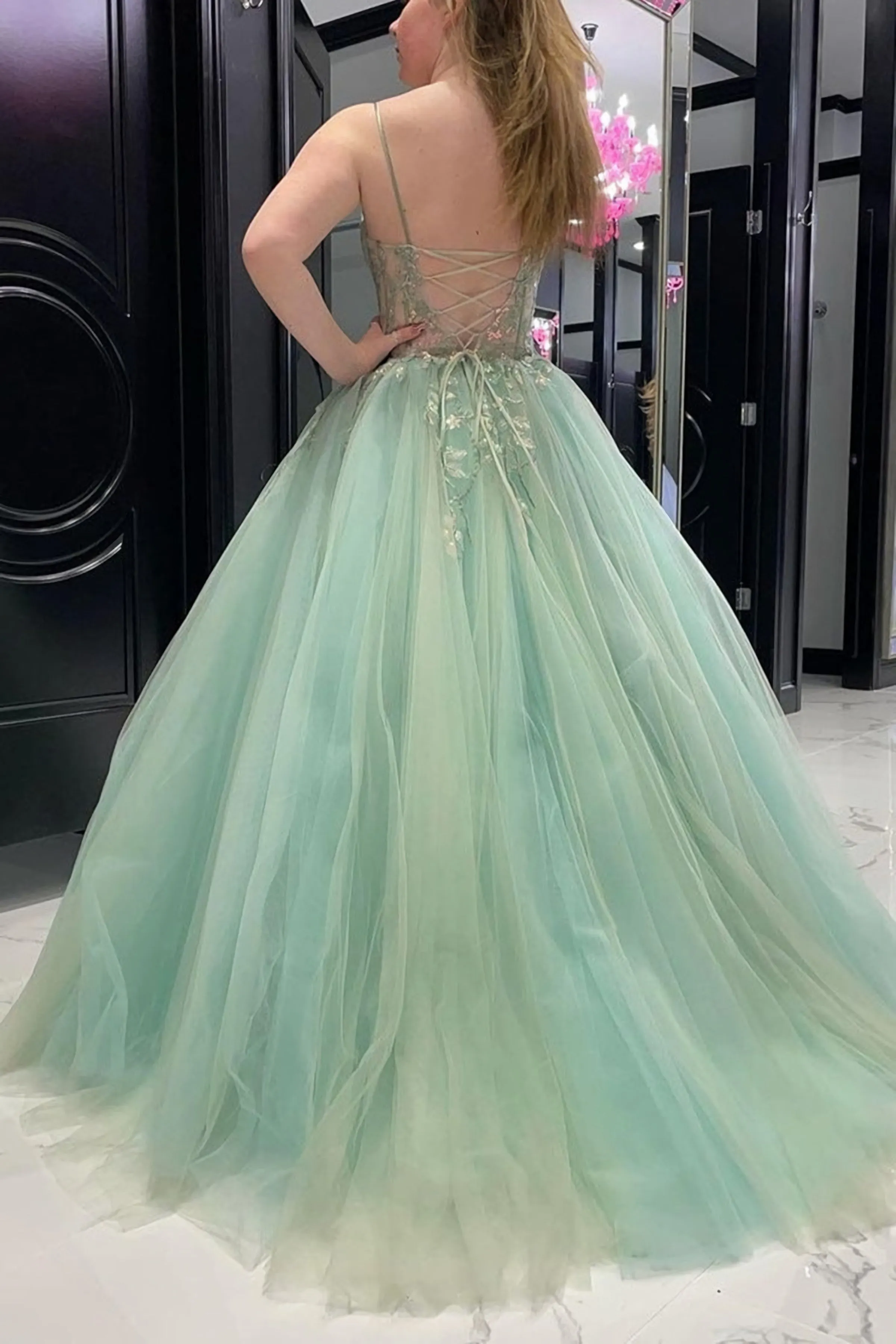 Sweetheart Neck Mint Green Lace Tulle Long Evening Dress, Mint Green Lace Formal Dresses