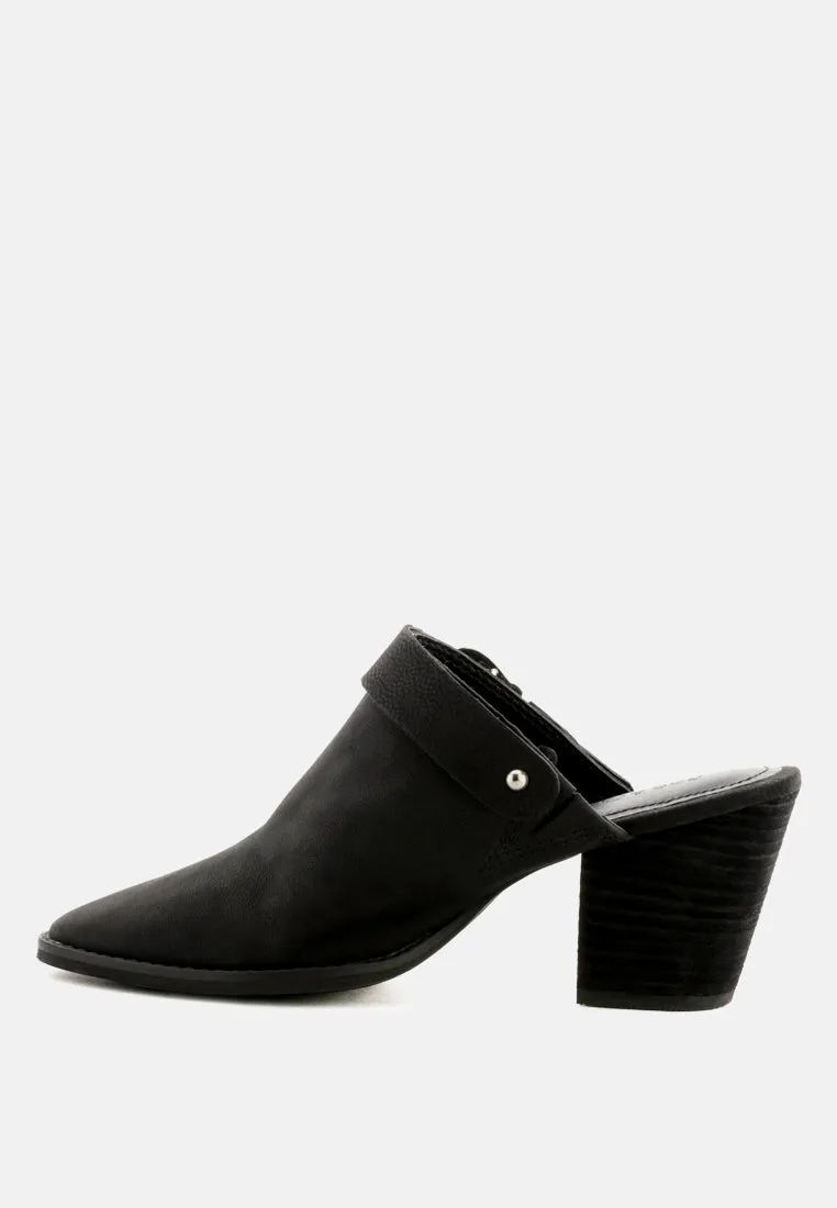 TARRAH Black Stacked Heel Mules with Adjustable Buckle