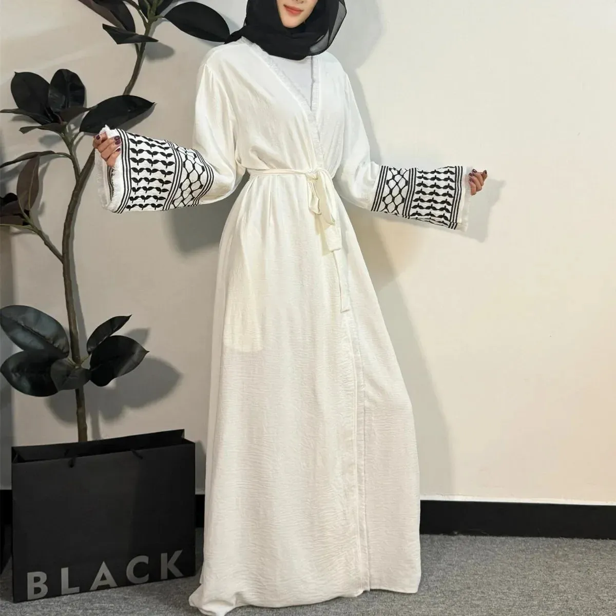 Tassel Embroidery Long Sleeve Open Front Abaya