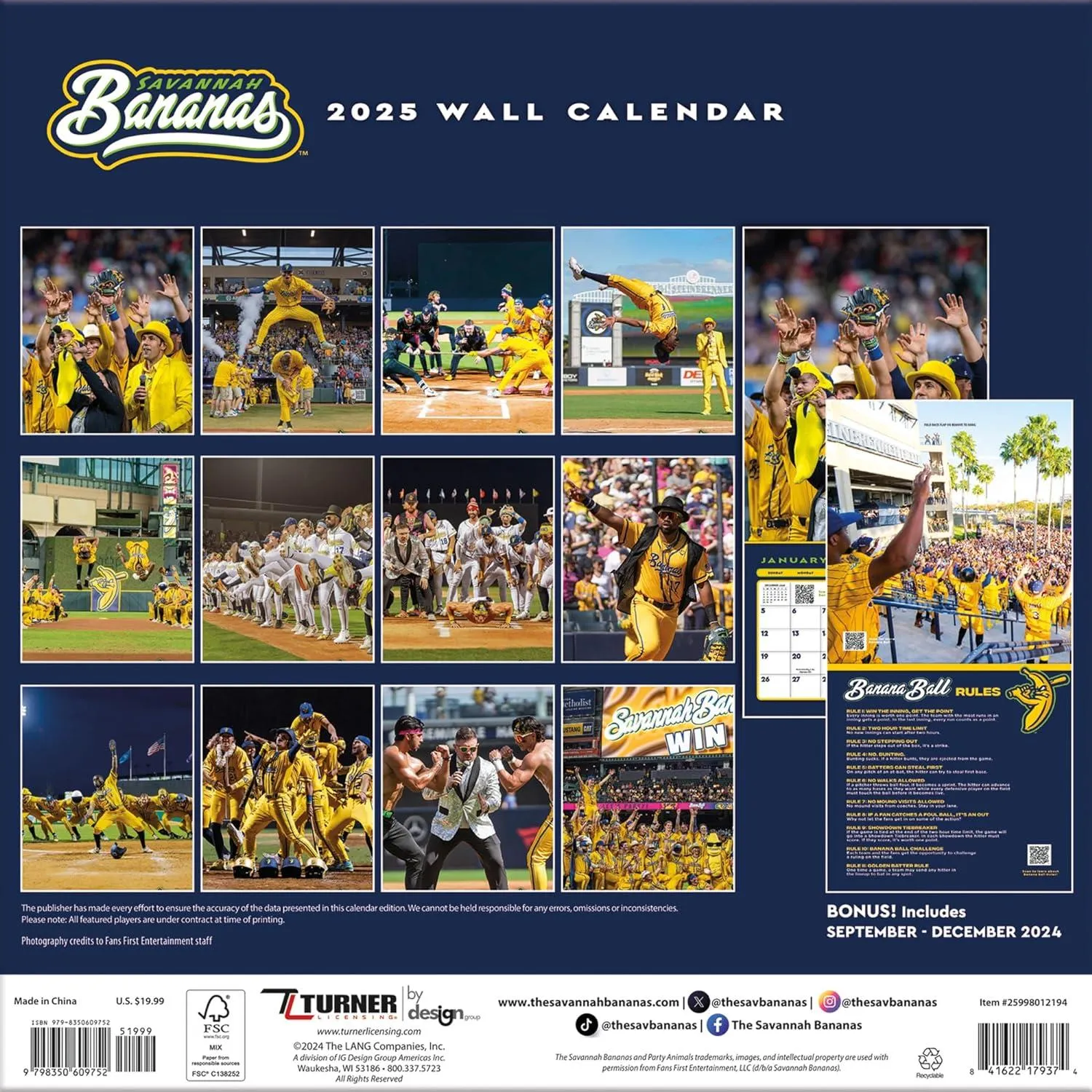 Turner Savannah Bananas 2025 12 X 12 Team Wall Calendar