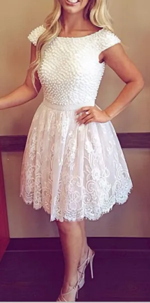 White Lace Backless Cap Sleeves Pearls Short Open Back High Neck Short 2025 Prom Dresses