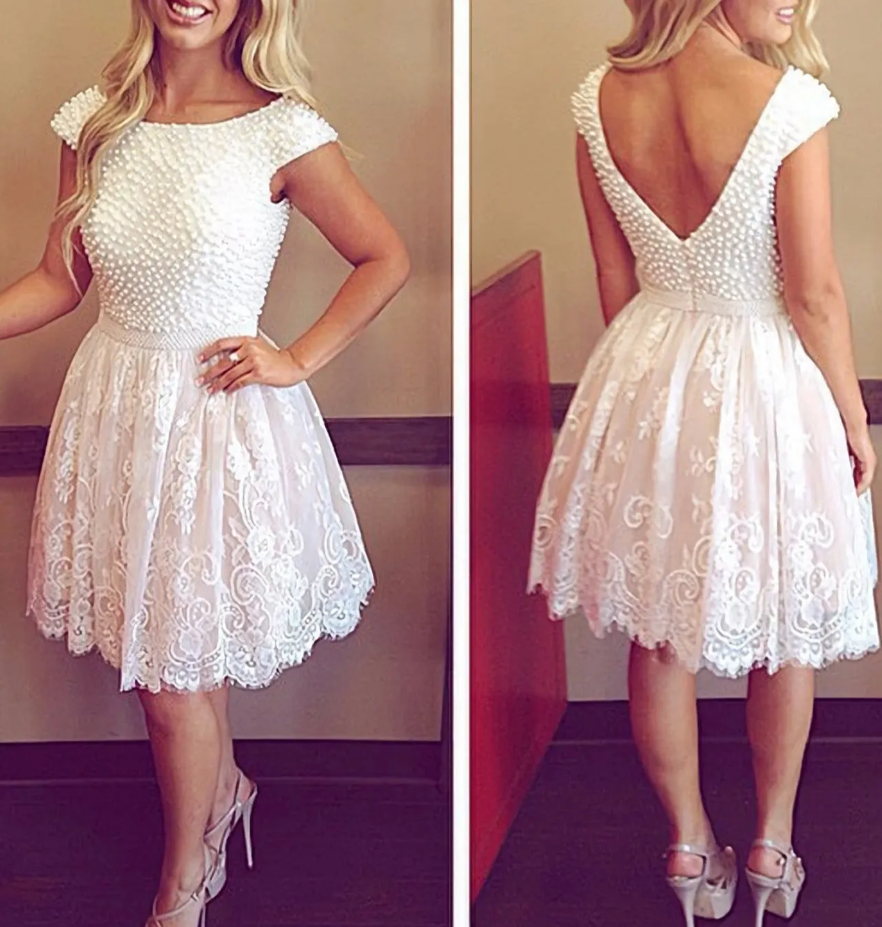 White Lace Backless Cap Sleeves Pearls Short Open Back High Neck Short 2025 Prom Dresses