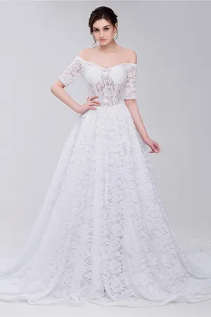 White Lace Off The Shoulder Short Sleeve Corset Wedding Dresses