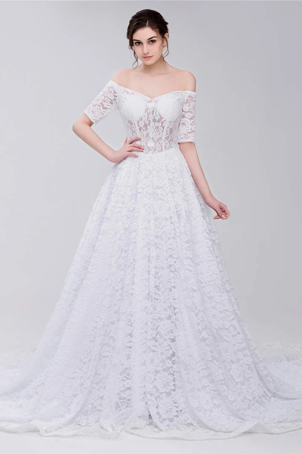 White Lace Off The Shoulder Short Sleeve Corset Wedding Dresses